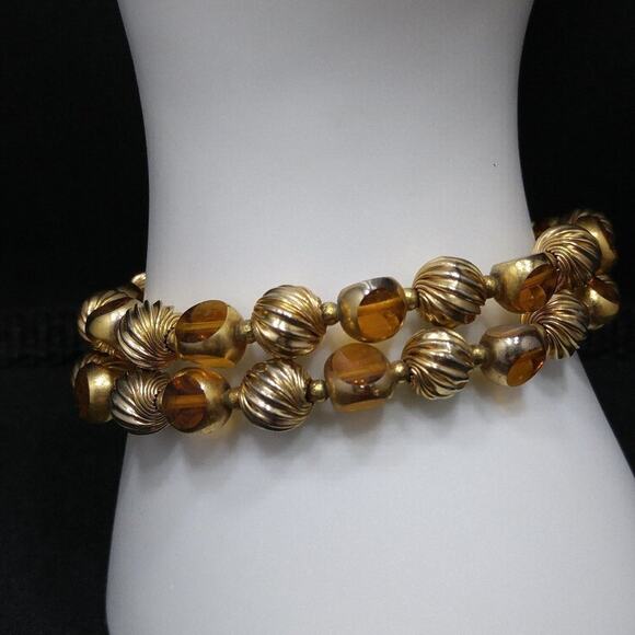 Vintage Two Strand Gold Plated Beaded Bracelet, 1960s, 7 3/8 Inches - Picture 1 of 6